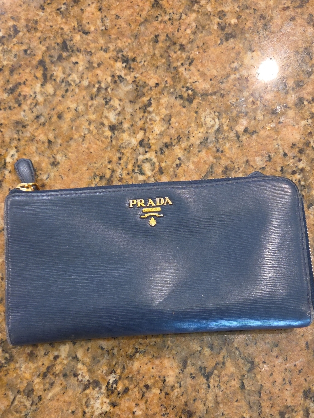 Prada Navy Leather Zip-Around Wallet with Gold Logo